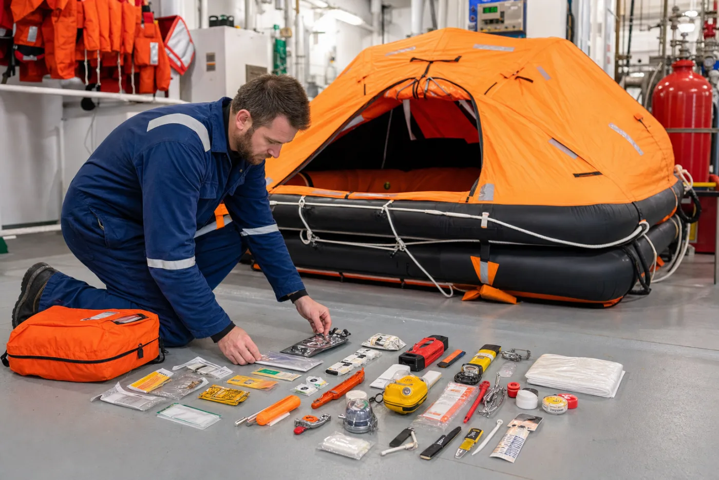 An inflated liferaft standing in a service bay