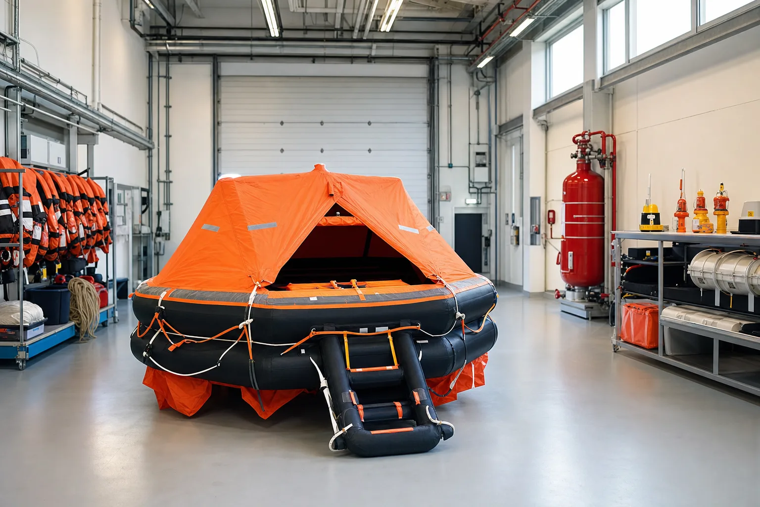 An inflated orange liferaft with its canopy up in a bright service bay